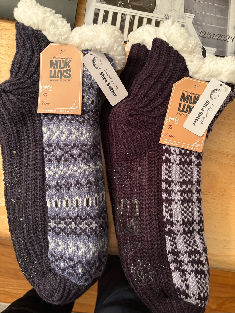 2 Muk Luks Cozy Sherpa-Lined Marled Slipper Socks in Gray & Burgundy